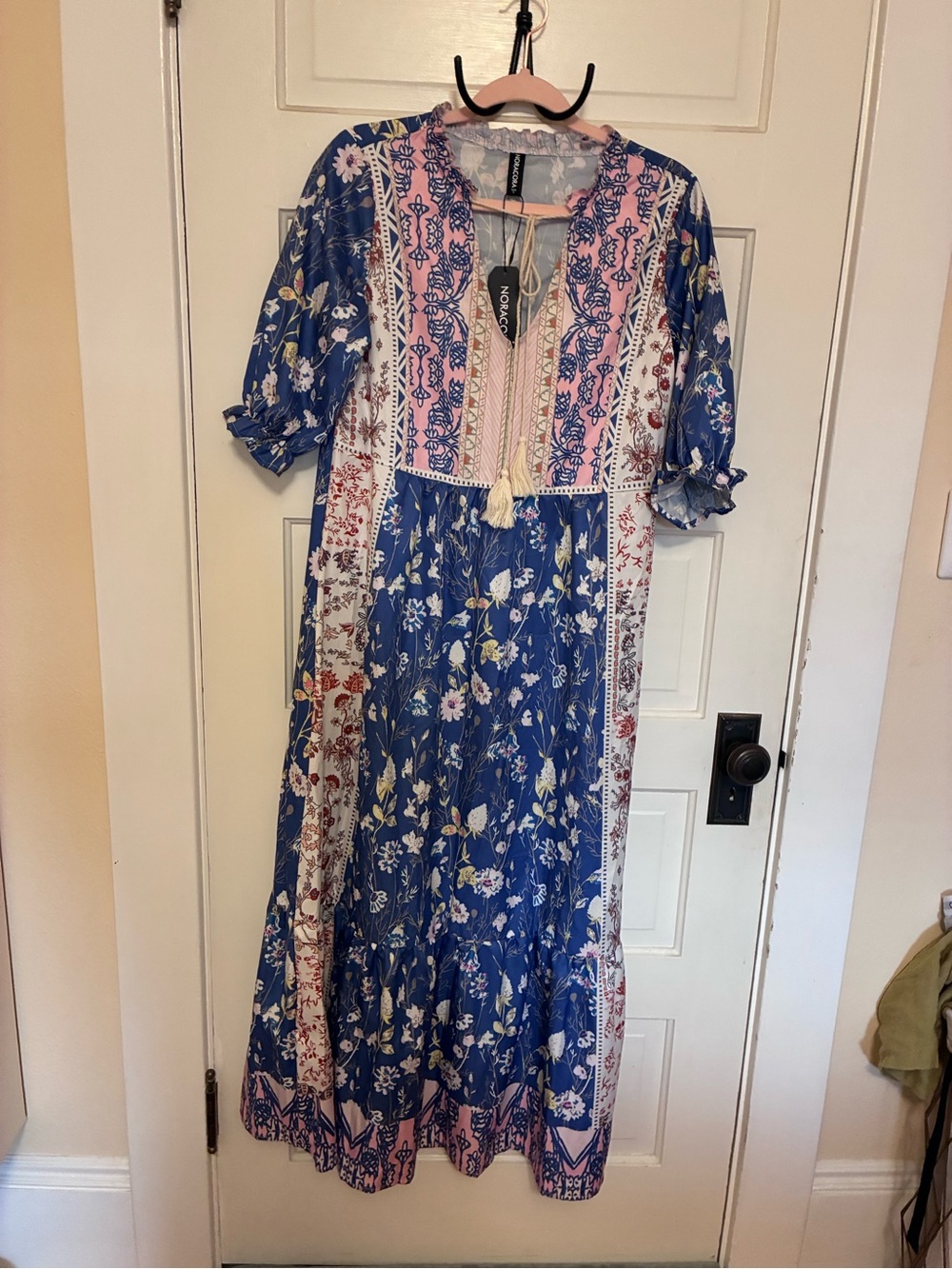 Noracora Blue Floral Maxi Dress with Pink Embroidered Yoke